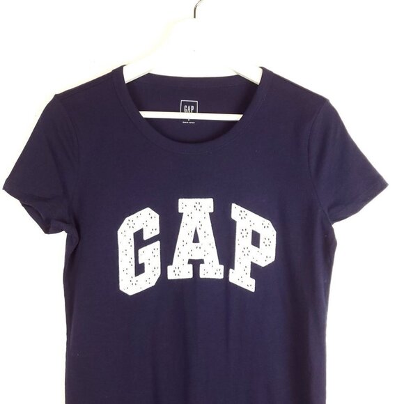 GAP small Navy blue crewneck t-shirt White‎ Eyelet GAP spellout short sleeves - Picture 4 of 6